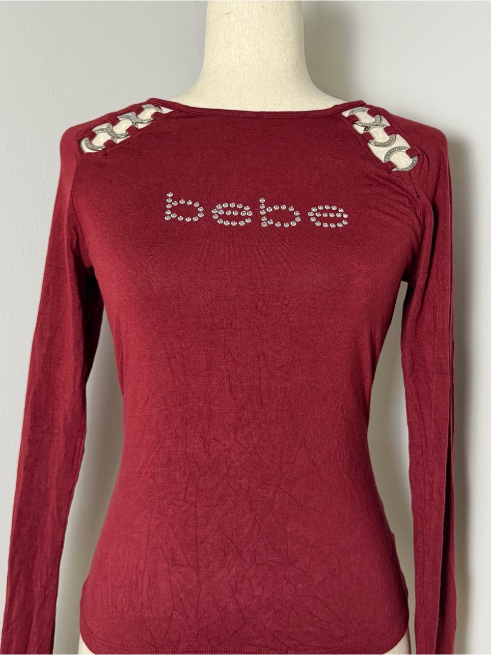 Bebe Burgundy Rhinestone Logo Long Sleeve Top, Women’s M